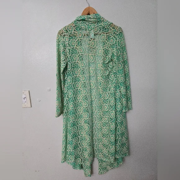 Pretty Young Thing Women's L Green Floral Open Front Lacey Cardigan USA Made - Picture 5 of 10
